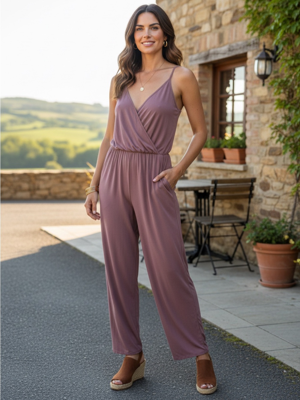 Sleeveless Dusty Mauve Wrap Jumpsuit with Elastic Waist